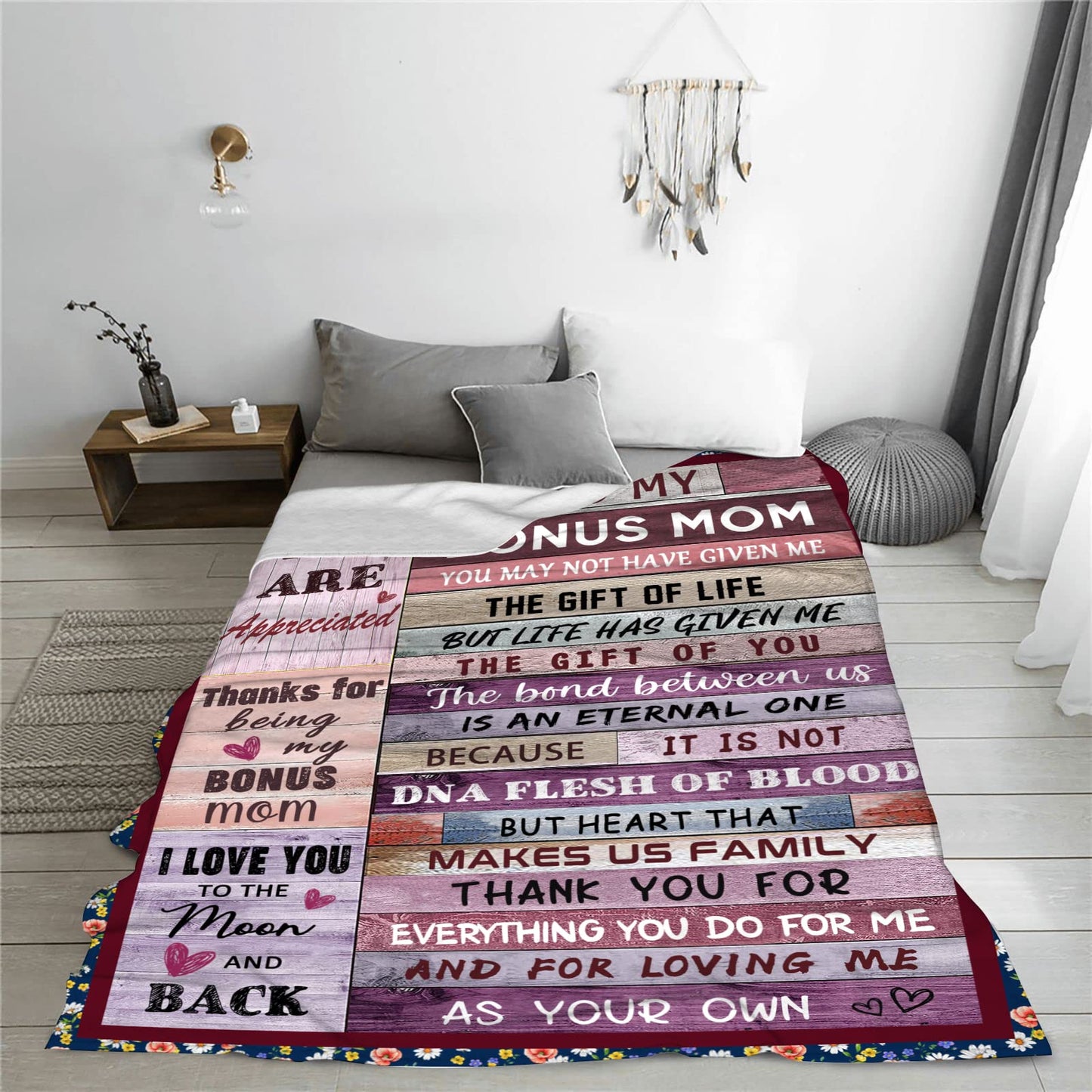 Bonus Mom Gifts Blanket from Daughter Son, Stepmom Birthday Gifts for Bonus Mother Stepmother Mothers Day Christmas Thanksgiving Gift Throw Blankets 50" x 60"