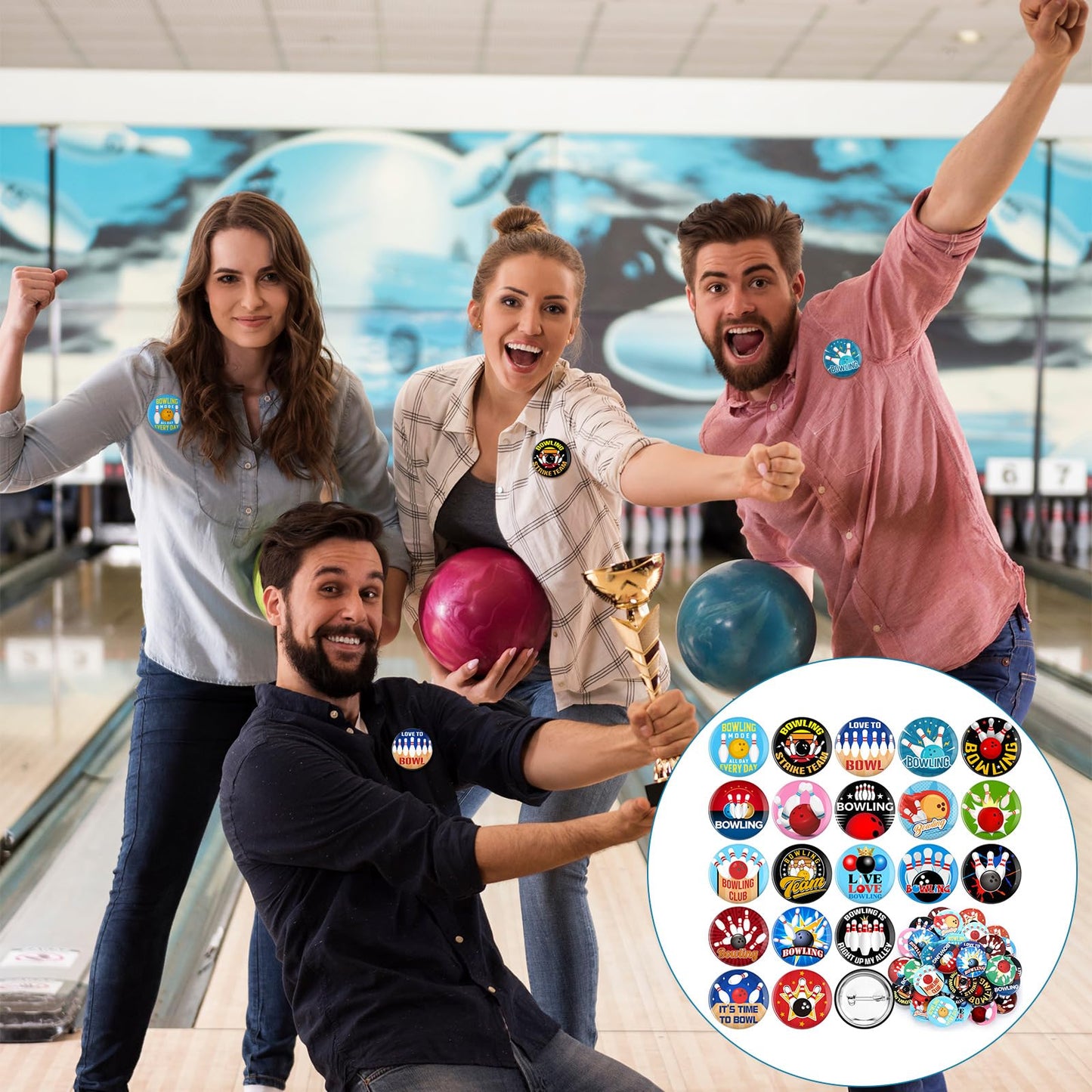 Huquary 80 Pcs Bowling Buttons Pins Funny Sport Graduation Gifts Brooch Lapel Pins for Jacket Backpacks Tote Bags Hats Bowling Lovers Souvenirs Accessories Gifts for Team Awards Prizes Women Men