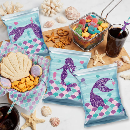 Marspark 36 Pcs Large Size Mermaid Birthday Stickers for Chip Bag 3 Style Mermaid Sticker Party Supplies for Ocean Under the Sea Birthday Snack Goodie Bags Gifts and Decorations, 4 x 3.5 Inches