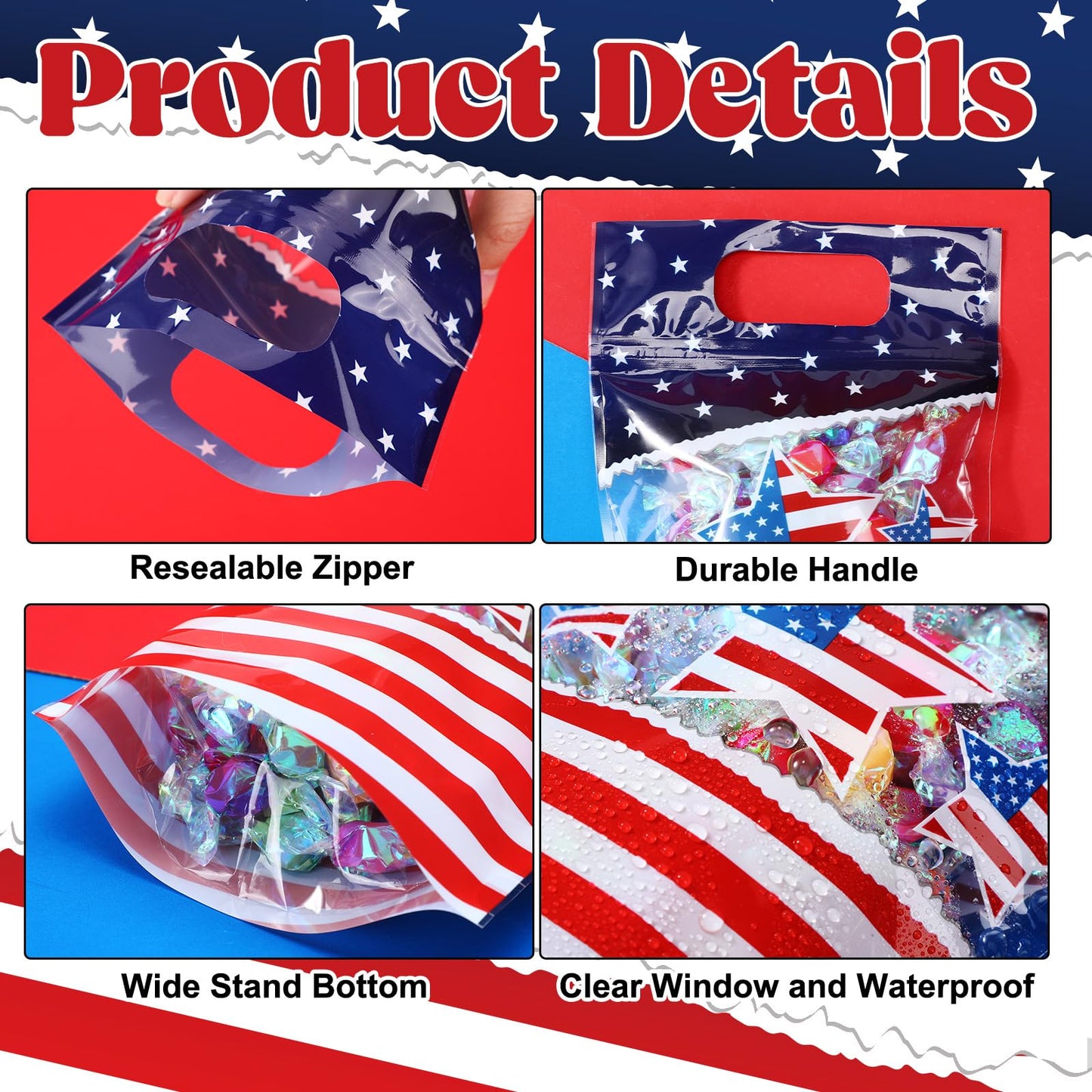 Fuutreo 50 Pcs 250th Anniversary Bags Patriotic Clear Sealed Pouches with Handles Resealable 4th of July Plastic Gift Bag for Independence Day Memorial Labor Day Candy Gift Wrap Supplies Decoration