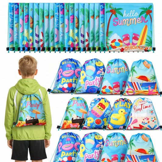 Hosuly 24 Pcs Summer Pool Party Favor Drawstring Bags Hawaiian Backpacks Swimming Pool Party Decoration Goodie Treat Gift Bags Beach for Kids Boy Girl Summer Birthday Beach Hawaiian Supplies
