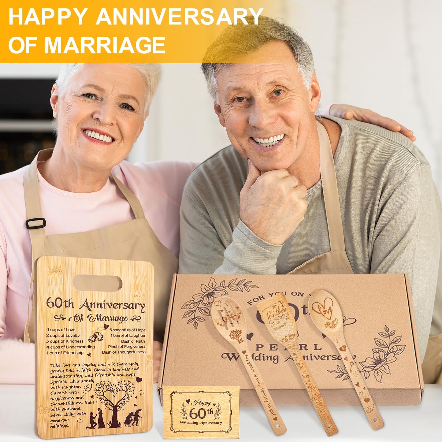 5 Pcs Wedding Kitchen Serving Board Set Anniversary Married Gifts for Women Men Husband Wife Parents Couple Pearl Ruby Golden Diamond Anniversary-recipe for a Happy Marriage(60th)
