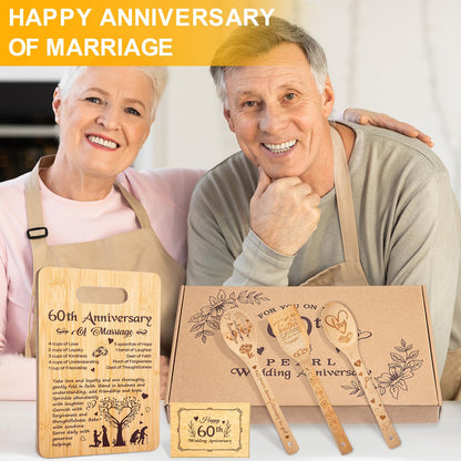 5 Pcs Wedding Kitchen Serving Board Set Anniversary Married Gifts for Women Men Husband Wife Parents Couple Pearl Ruby Golden Diamond Anniversary-recipe for a Happy Marriage(60th)