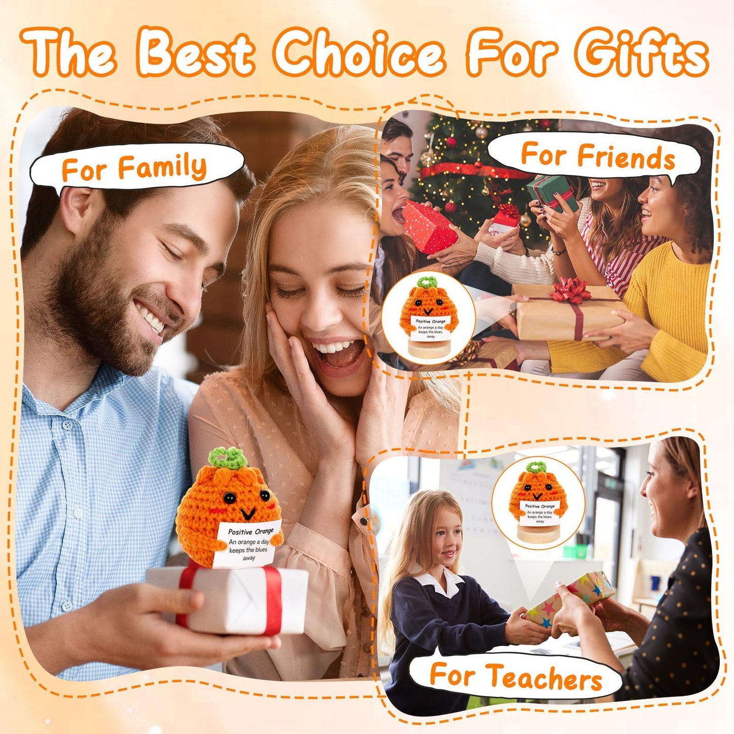 Mini Funny Positive Gifts Emotional Crochet Orange Doll Support Plush Knitted Orange Toy with Positive Card Holiday Valentines Birthday Party Gifts for Women Teacher Appreciation Office Decor