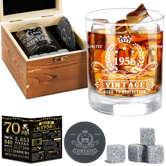 YeohJoy 70th Birthday Gifts for Men,Vintage 1956 Whiskey Glass Set,Wood Box & Whiskey Stones & 1956 Poster Anniversary Card & Coaster,Birthday Gifts Ideas for Him,Husband,Dad