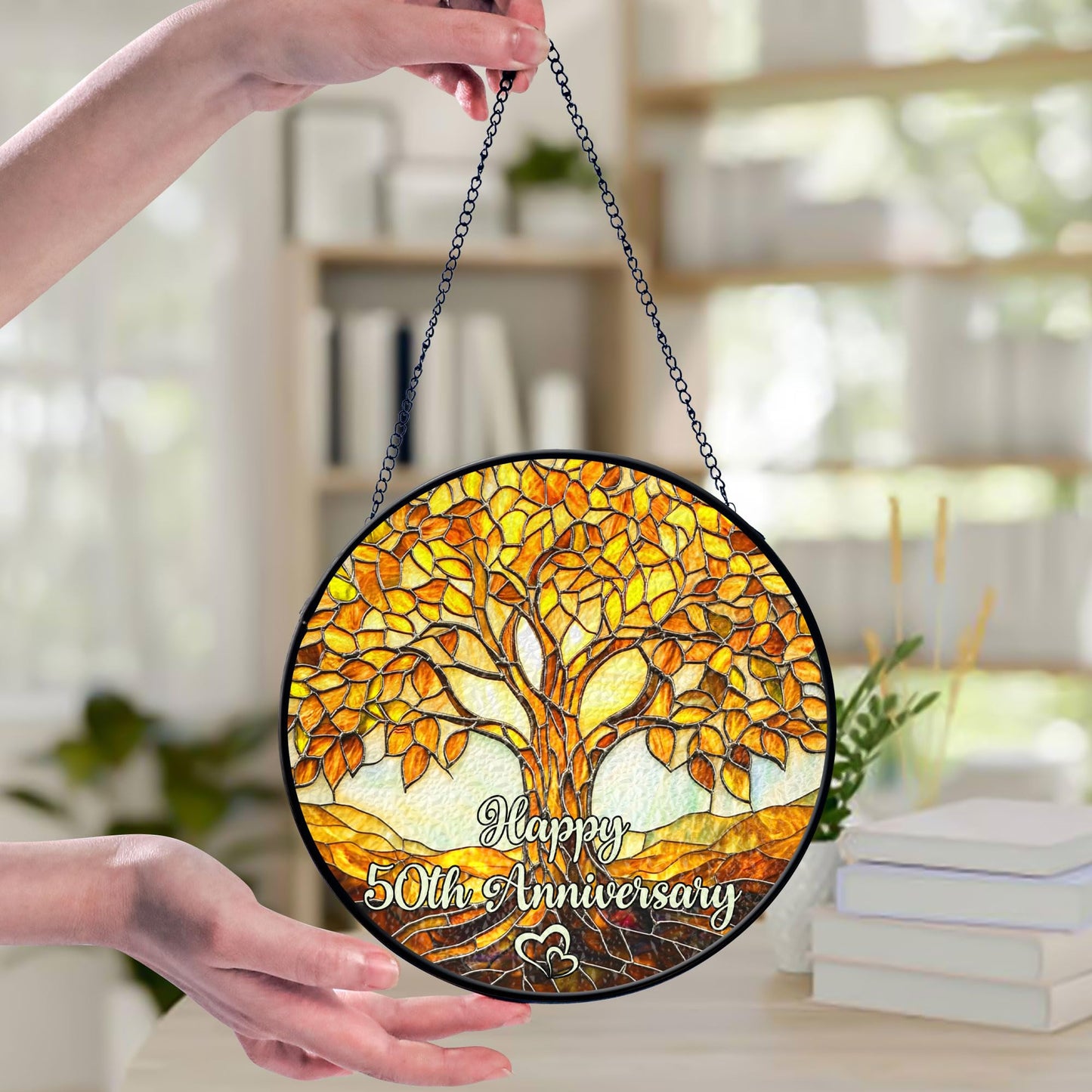 50th Wedding Anniversary Faux Stained Glass Suncatcher, 50 Years of Maried Anniversary Ornament, Golden Anniversary Window Hanging, Tree of Life Keepsake Suncatcher