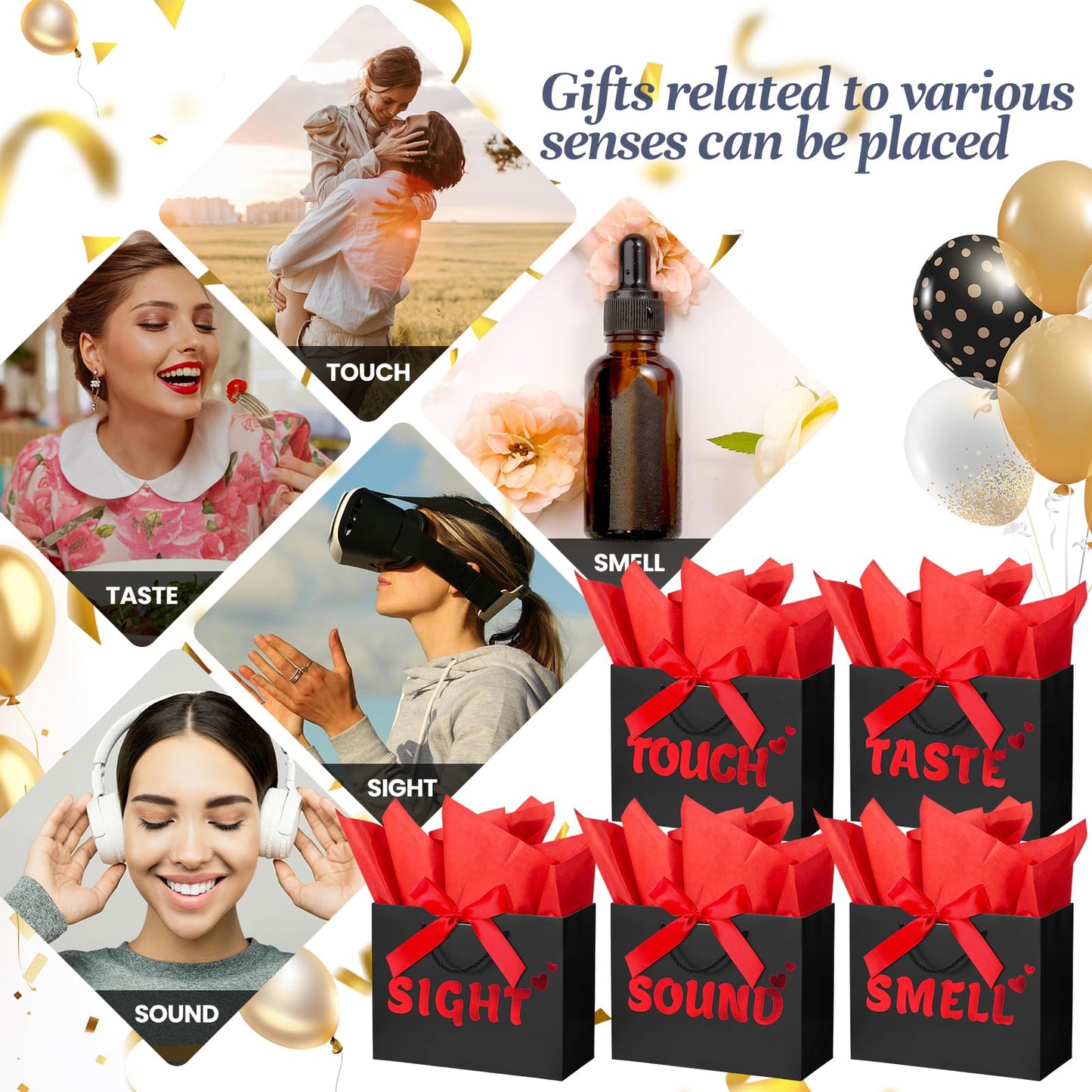 5 Senses Gift Bags for Him with Labels, 9"x4"x7" Gift Bag Tissue Paper Bow Ribbon Happy Birthday Decorations Kit with Banner, Balloons, Rose Petals, Card for Men, Women, Wedding, Valentine's Day