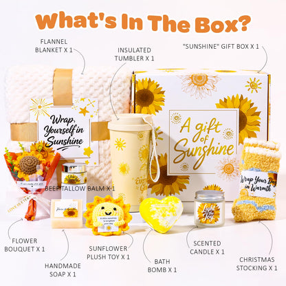 Sunflower Gift Box for Women, Sunshine Birthday Gifts, Luxury Self Care Package, 9-in-1 Gift Baskets with Blanket, Tumbler, Candle, Bath Bomb, Plush & More, Get Well Soon, Valentine Day Gifts