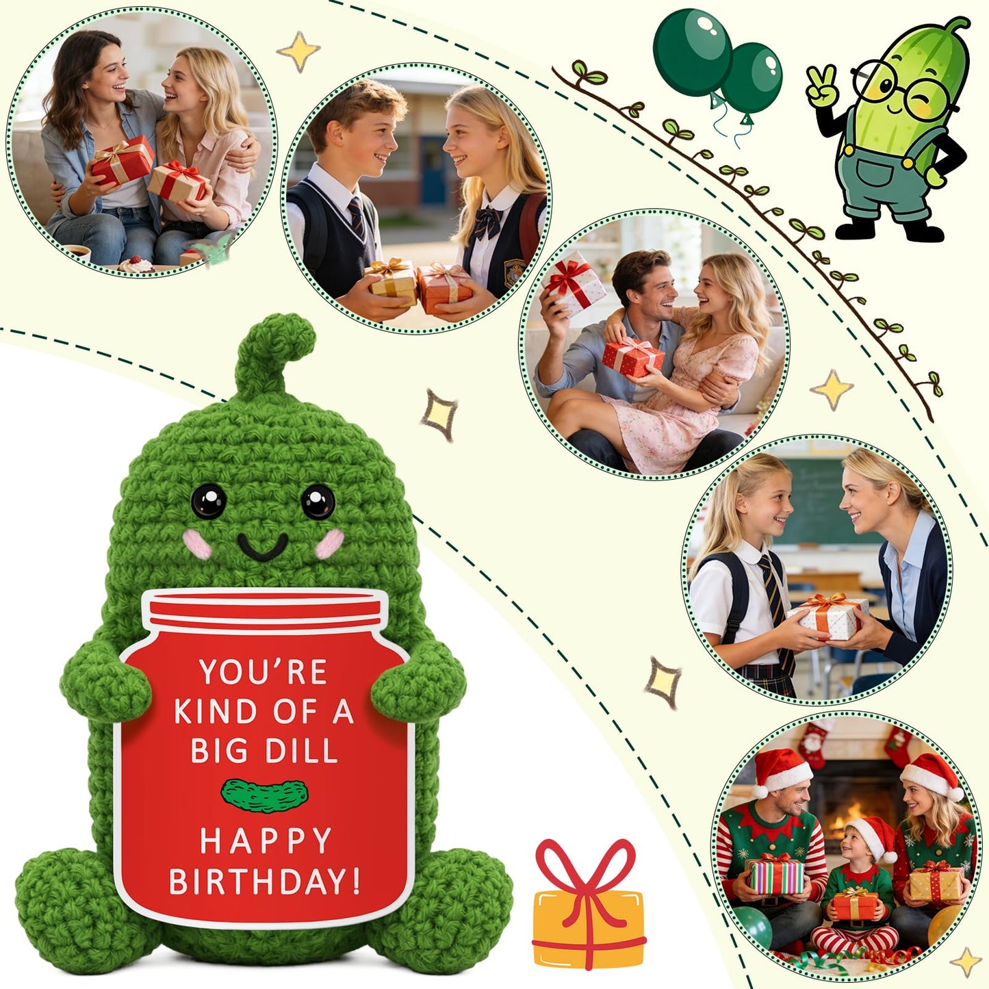 Xinezaa Crochet Pickle Gifts, Birthday Gift for Women Men, Cute Funny Birthday Card for Mom, Dad, Sister, Friend, Daughter, Wife, Girlfriend, Teens, Coworkers, Unique Bday Gifts Present for Her