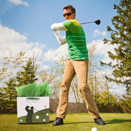 Golf Birthday Gift Bag, Golf Themed Green Gift Wrapping Bag with Tissue Paper and Greeting Card for Men Kids Sports Themed Birthday Party Decor Supplies