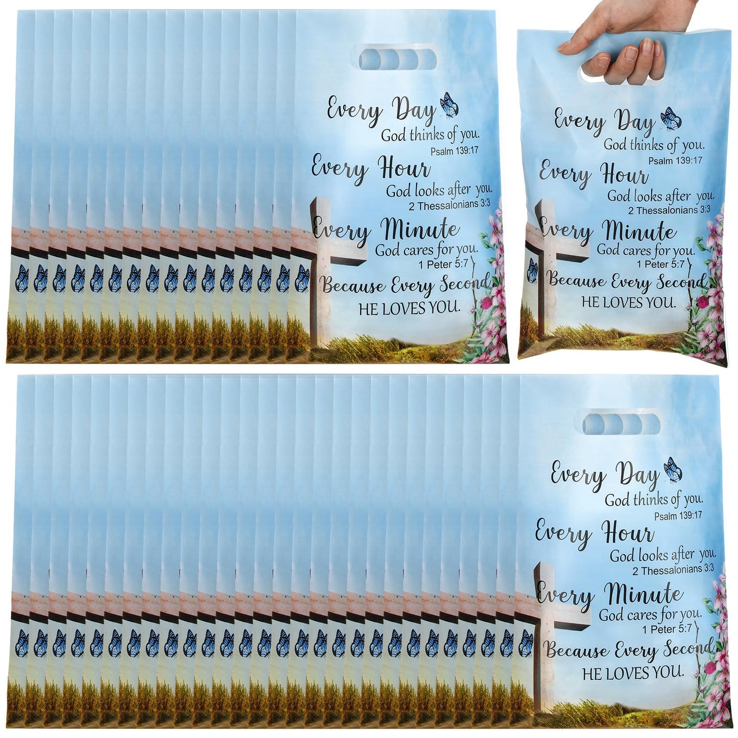 Yinder 50 Pcs Church Gift Bulk Plastic Religious Christian Welcome Treat Bags Goody Bags with Handles Bible Verse Gifts for Women Church Party Supplies Party Favor Decoration