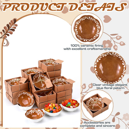 SiliFine 12 Pcs Ceramic Pinch Bowl 3.3 Inch Cielito Lindo Party Favors for Guests Small Mexicanos Ceramic Dipping Bowls Bulk Gifts with Cards for Party Shower Favor (Floar,Brown)
