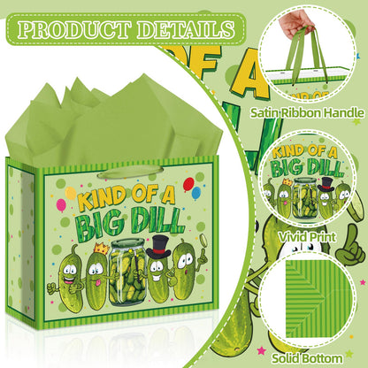 Allparty Funny Pickle Gift Bag Cute Pickle Birthday Bag with Wrapping Paper Card Sticker Envelope Fruit Vegetable Cucumber Party Goodies Favors Bags for Boys Girls Baby Shower Gifts Wrap