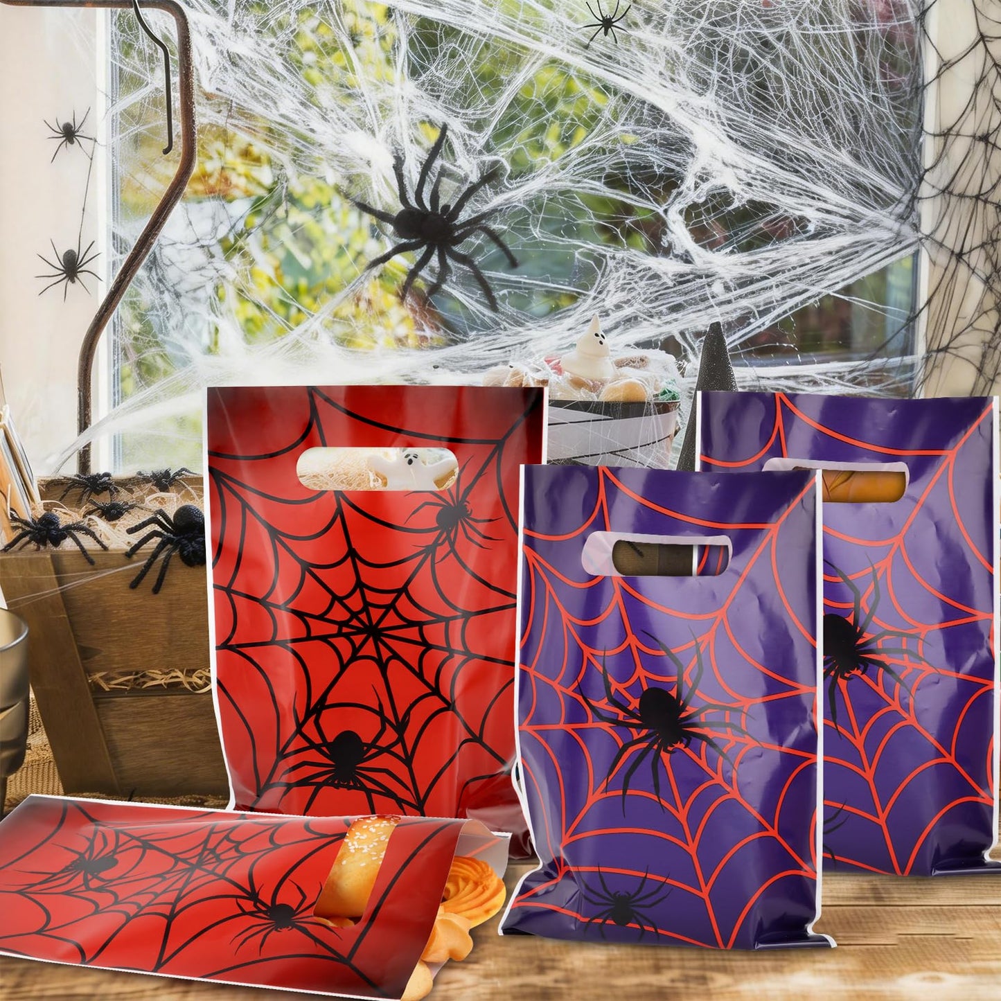 Hooqict 50PCS Spider Web Goodie Bags Party Favors Plastic Spider Gift Bags with Handle Snack Goody Treat Candy Bag for Kids Boys Cartoon Birthday Party Decorations Supplies