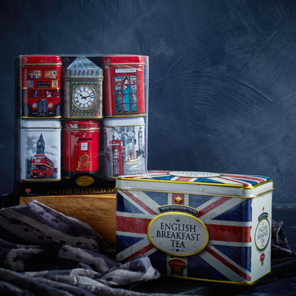 New English Teas Best of British Tea Collection - 6 Iconic London Tins Gift Set (Bus, Big Ben, Phone Box, Post Box) - 4.7oz Loose Leaf English Tea