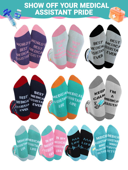 Newcotte 10 Pairs Medical Assistant Socks for Women Men Nurse Week Gifts Funny Cotton Ankle Socks for Medical Assistant Ma Healthcare Worker Cna Nurse Week Party Favors