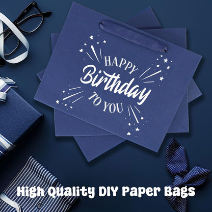 Padiaet 6 Pack Medium 10.5"x4"x8.1" Blue Gift Bags with Tissue Papers, Kraft Shopping Bags with Ribbon Handles, Retail Wrapping Set for All Occasions