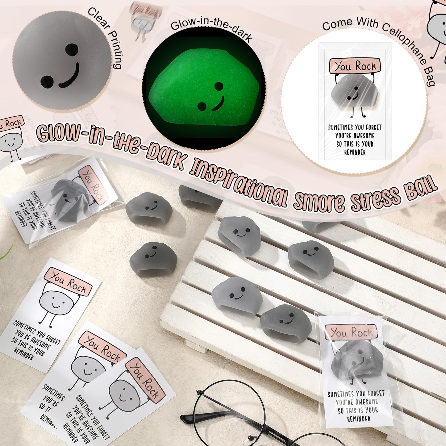 Wettarn 50 Sets Emotional Luminous Stone Stress Ball Bulk End of Year Gifts Cute Positive Stone Squeeze Inspirational Card Stress Relief Ball Graduation Gift for Teacher Student Coworker Employee