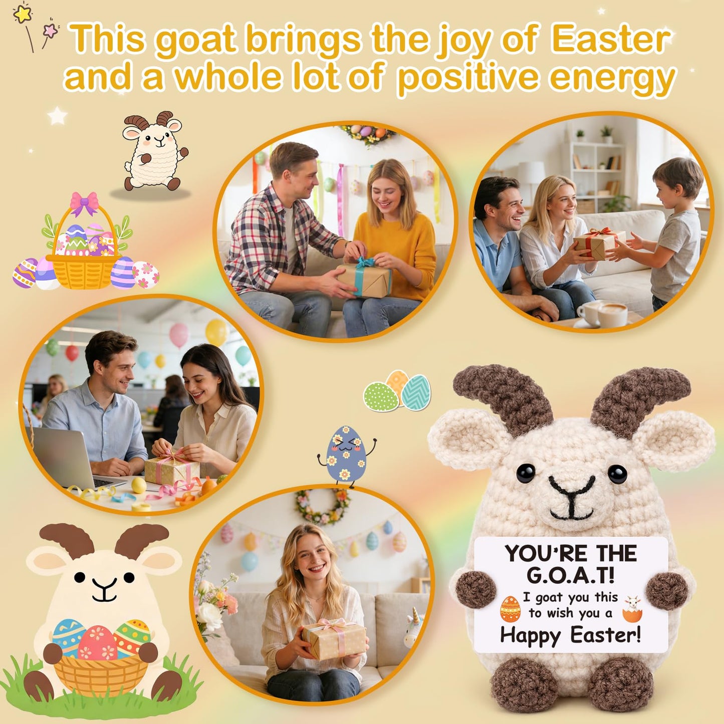 Funny Easter Basket Stuffers for Kids, Easter Gifts for Teens Women Men Her Him Easter Decor Egg Fillers Gifts for Daughter Son, Cute Stuff Positive Crochet Goat Support