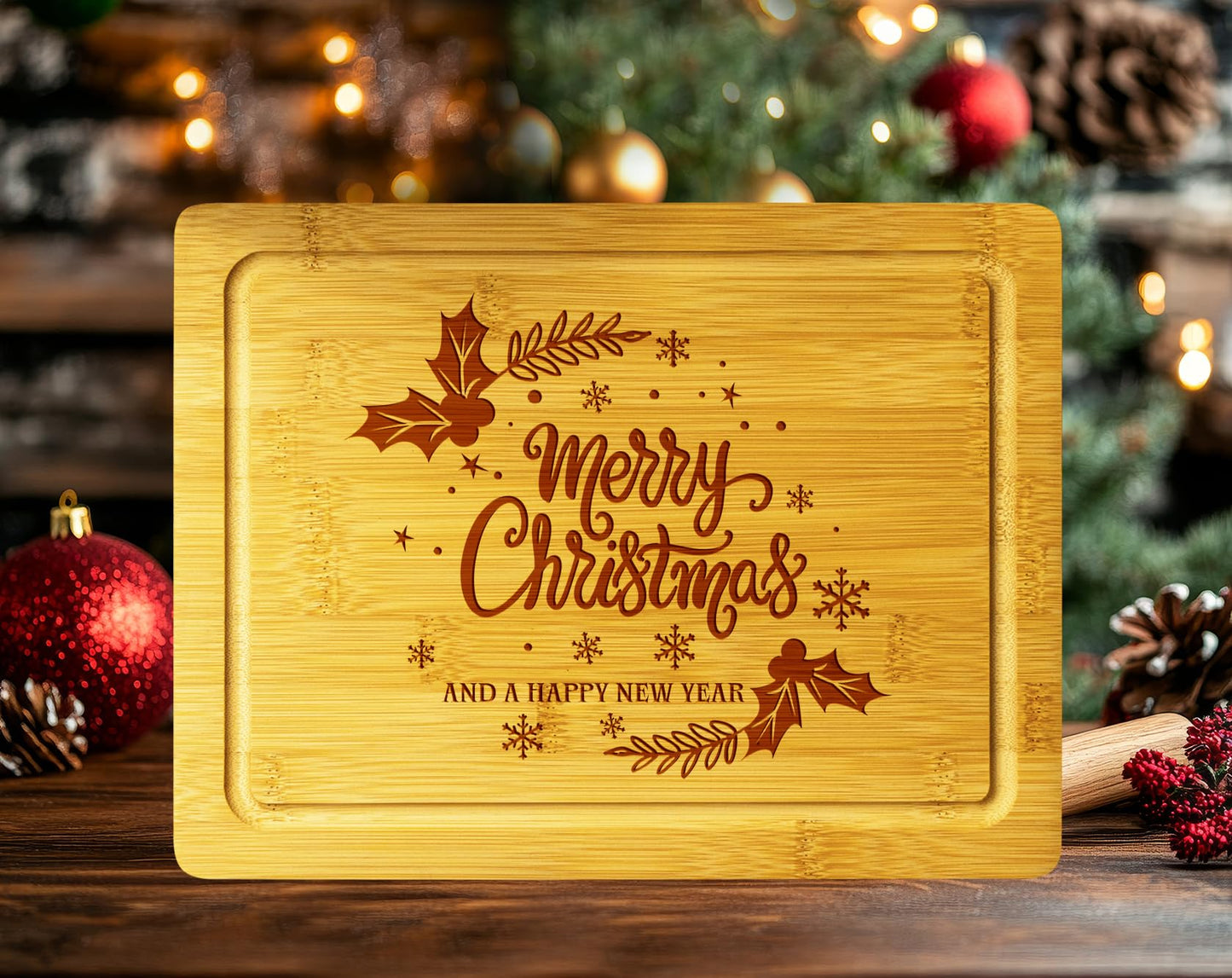 Christmas Themed Wood Cutting Board - Unique Christmas 2024 Gift For Kitchen - Decorative Christmas Serving Tray