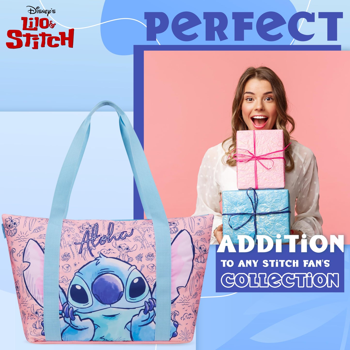 Disney Stitch Womens Tote Bag, Large Zipped Shoulder Bag for Shopping, Work - Stitch Gifts