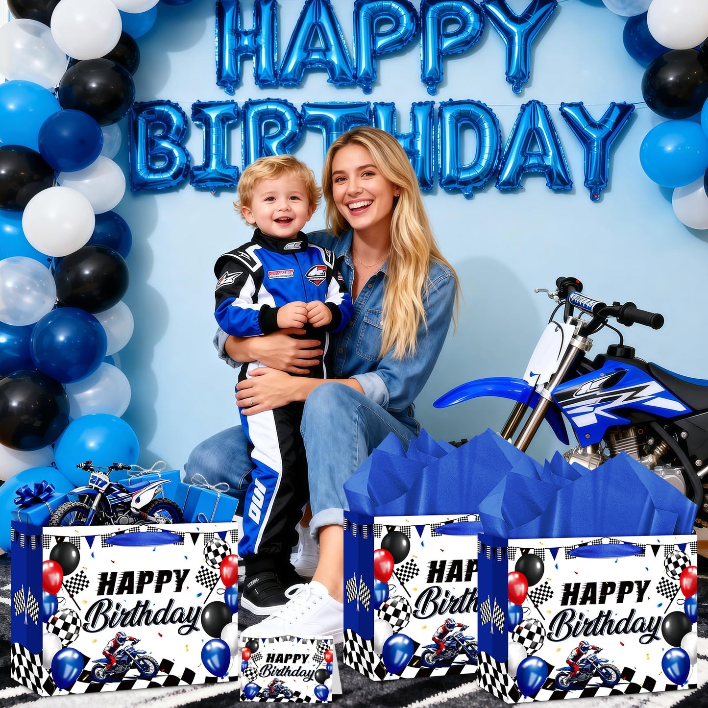 Neptniopllab Dirt Bike Birthday Gift Bag with Card & Wrapping Paper for Motorcycle Birthday Party Decoration Racing Motocross Motorbike Boy Men Goodie Treat Bag