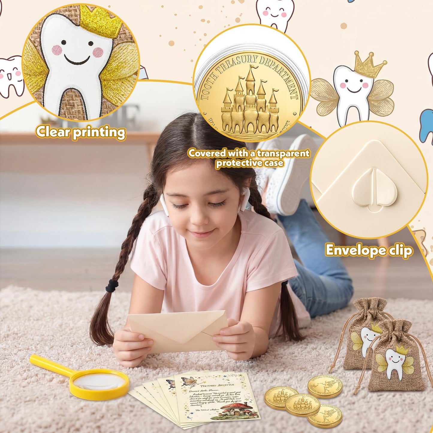 Kenning 25 Pcs Tooth Fairy Kit Gifts - Complete Lost Tooth Gift Set with Magical Letters, Gold Coin, Burlap Pouch, Envelope and Mini Magnifier, Keepsake for Lost Teeth