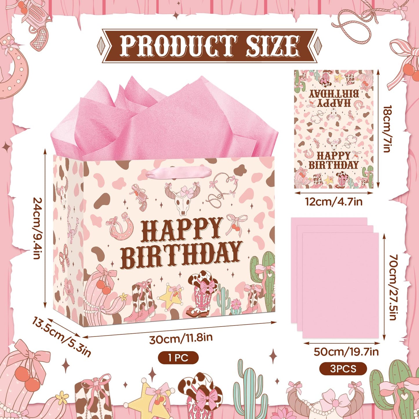 Wauprant Large Cowgirl Birthday Gift Bag for Girls Pink Wild West Western Happy Birthday Gift Bag with Wrapping Paper and Card for Girls First Rodeo Baby Shower Bachelorette Bday Party Supplies