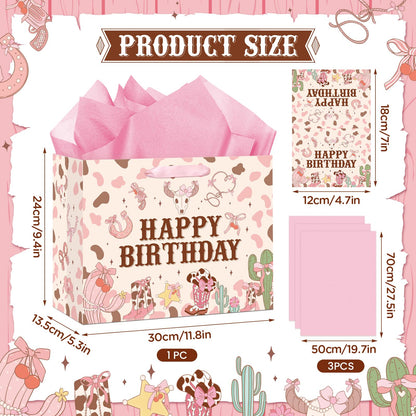 Wauprant Large Cowgirl Birthday Gift Bag for Girls Pink Wild West Western Happy Birthday Gift Bag with Wrapping Paper and Card for Girls First Rodeo Baby Shower Bachelorette Bday Party Supplies