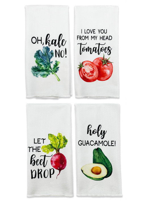 Funny Foodie Kitchen Towels, Set of 4 Vegetables Dish Towels for Washing Drying Dishes, Decorative Hand Tea Towels for Birthday Housewarming Hostess Wedding Shower Christmas Gifts-A56