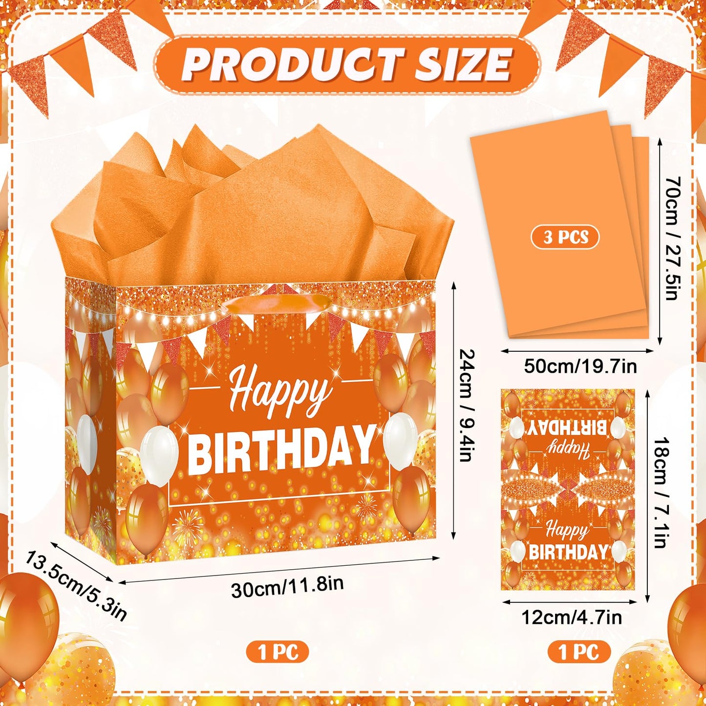 Orange Birthday Gift Bag with Tissue Paper and Card Orange Birthday Wrapping Paper Bag for Baby Shower Graduation Mother's Day Fall Thanksgiving Halloween Party Favors Bag Bday Decorations Supplies