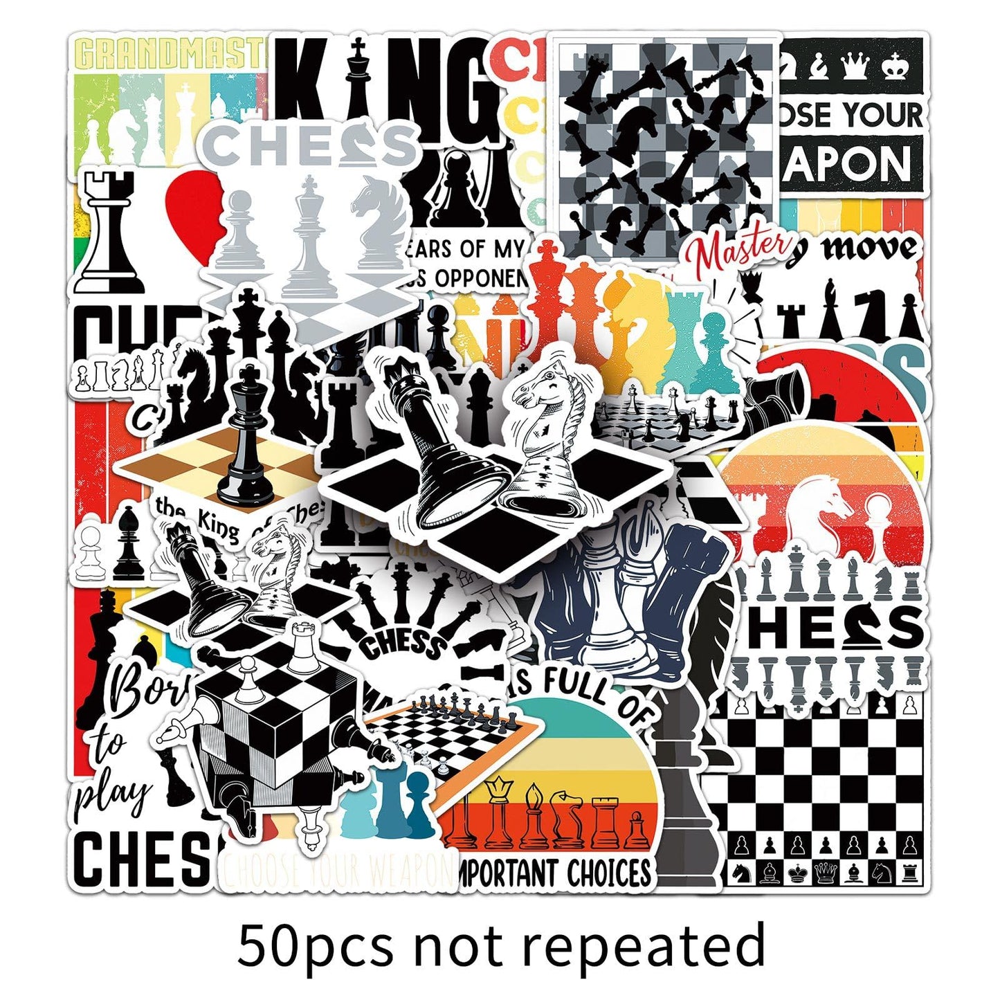 50 Pcs Unique Chess Stickers, 1.5-3 Inches Waterproof Vinyl Decals for Journals, Locker, Room Decor, Ideal for Chess Lovers Kids Adults