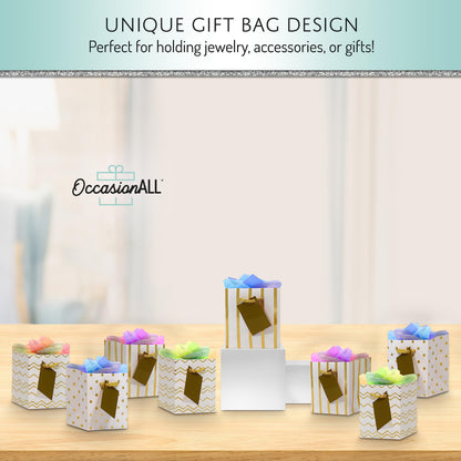 OccasionALL Tiny Gold Gift Bags, Mini Paper Gift Bags with Handles for Gift Cards, Wedding Showers, Party Favors, Events, Goodie Bags, Retail Shopping, Bulk, 4x2.75x4.5, 12 Pack