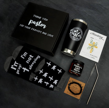 Splandiant Pastor Appreciation Gifts, 6 Pcs Christian Gifts for Pastor - 20oz Tumbler, Lavender Candle, Cotton Socks, Cross Bracelet & Thank You Card - Religious Gift for Man of God, Priest, Minister