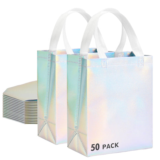 RACETOP 50 Pcs Iridescent Glossy Gift Bags Medium Size, 8x4x10 Inch Holographic Reusable Gift Bags with Handles & Sturdy Base, Ideal for Birthday, Wedding, Bachelorette, Party Favors, Holiday Goodie