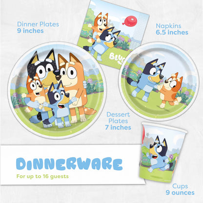 Unique Bluey Birthday Party Supplies and Decorations - Bluey Tablecover, Plates, Cups, Napkins, Button