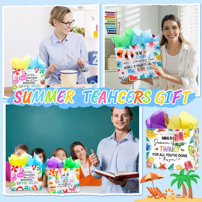 Kolldenn 12 Pcs End of Year Teacher Gifts Appreciation Gift Bag with Tissue Paper 10 x 8 x 4'' Medium Summer Thank You Teacher Wrapping Bag with Tag for Retirement School Year End Appreciation