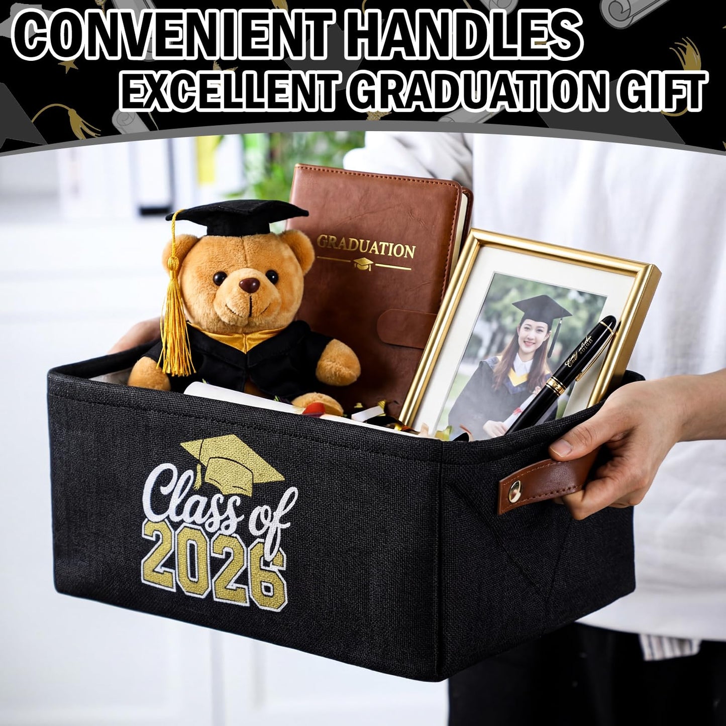 Graduation Gifts Basket Class of 2026 Storage Box with Handle Congrats Grad Gift Storage Basket for High School College Decor Party Favor Keepsake 14 x 10 x 6.3(Classic,Black and Gold)