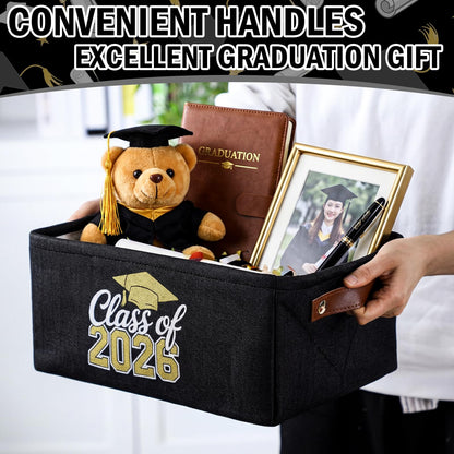 Graduation Gifts Basket Class of 2026 Storage Box with Handle Congrats Grad Gift Storage Basket for High School College Decor Party Favor Keepsake 14 x 10 x 6.3(Classic,Black and Gold)