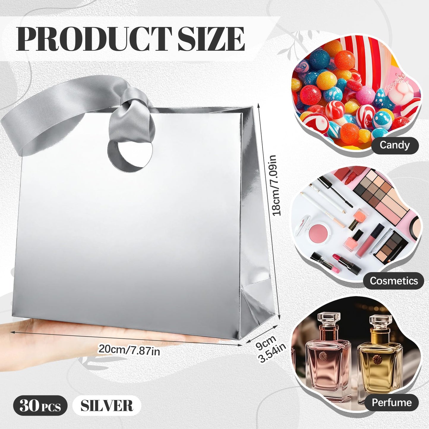 Feifeiya 30 Pcs Small Silver Gift Bags with Ribbon Handles 7.87" x 3.54" x 7.09" Bulk Paper Goodie Bags for Birthday Wedding Bridal Baby Shower Party Favors