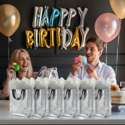 KeerxunBag 12pcs Reusable Gift Bags（Includes Tissue Paper） Gift bag with handle Birthdays Parties Holidays Weddings Medium 10x4x8in silver Gift Bags