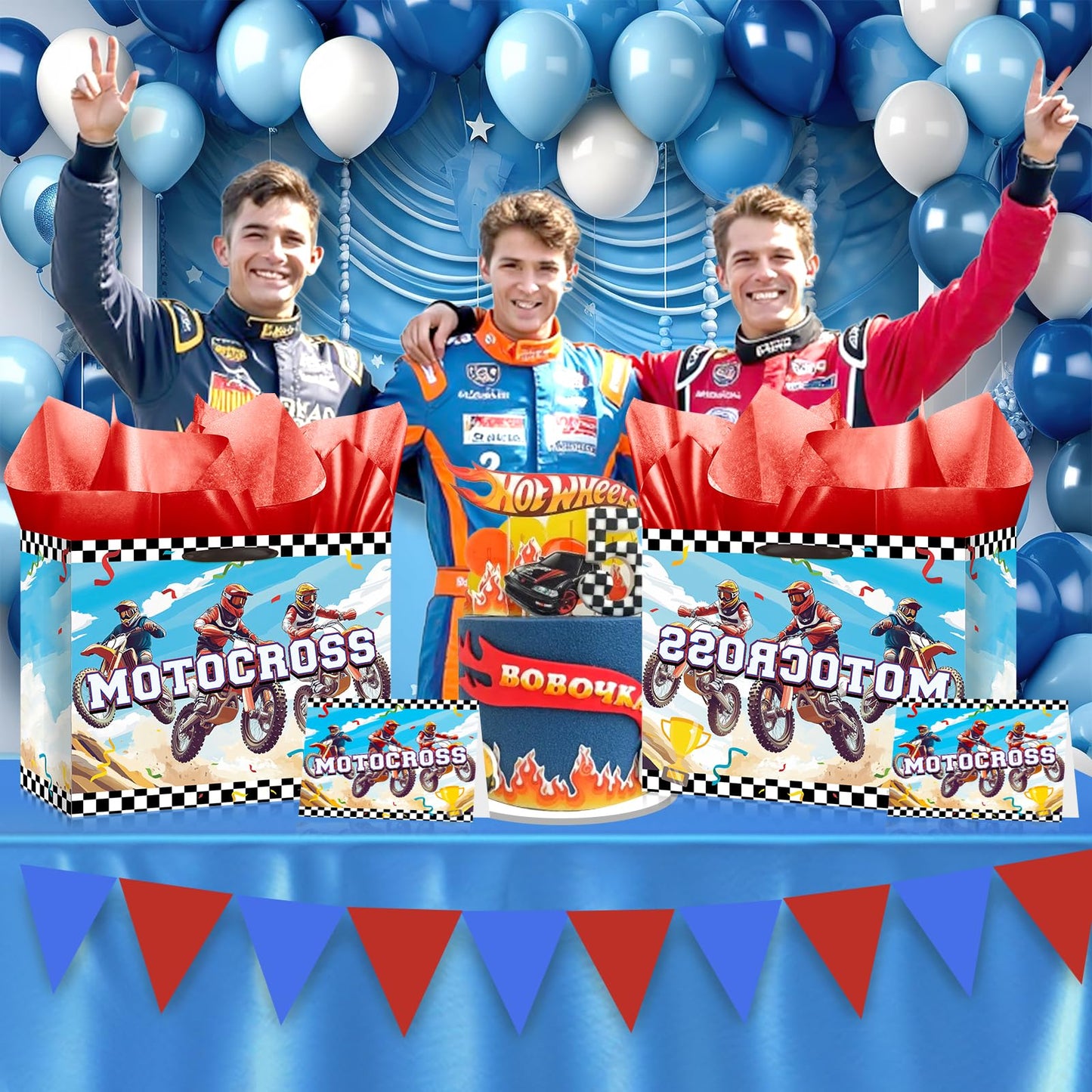 Woosytoo Dirt Bike Gift Bag for Boys Motocross Birthday Wrapping Bag with Tissue Paper and Card Motorcycle Birthday Decorations for Baby Shower Dirt Bike Theme Party Bday Funny Games Party Supplies