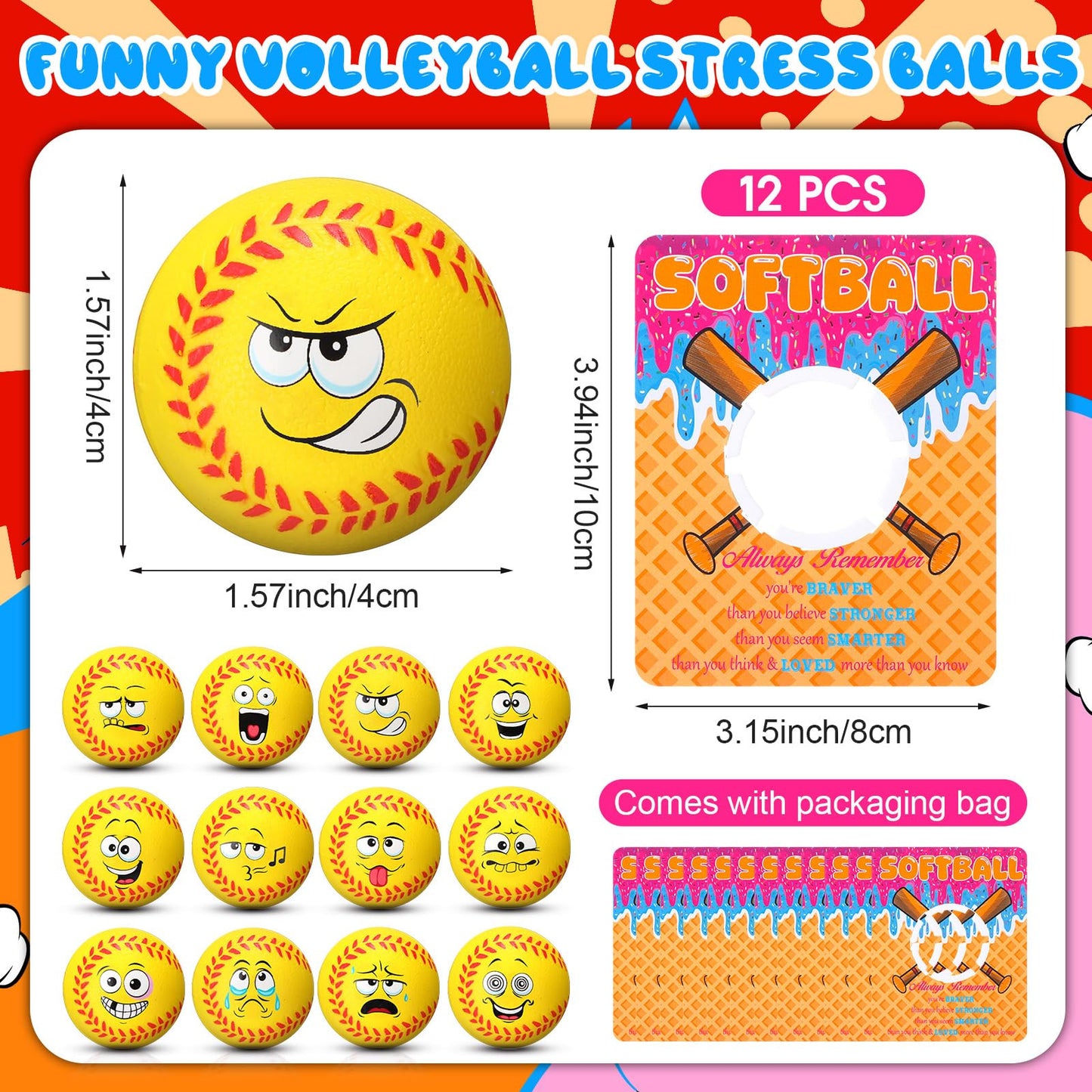 Softball Gifts for Team Include 12 Sets Funny Mini Softball with Ice Cream Drip Softball Themed Cards, Softball Party Favors Supplies for Softball Party Decorations Ice Cream Birthday Team Gathering