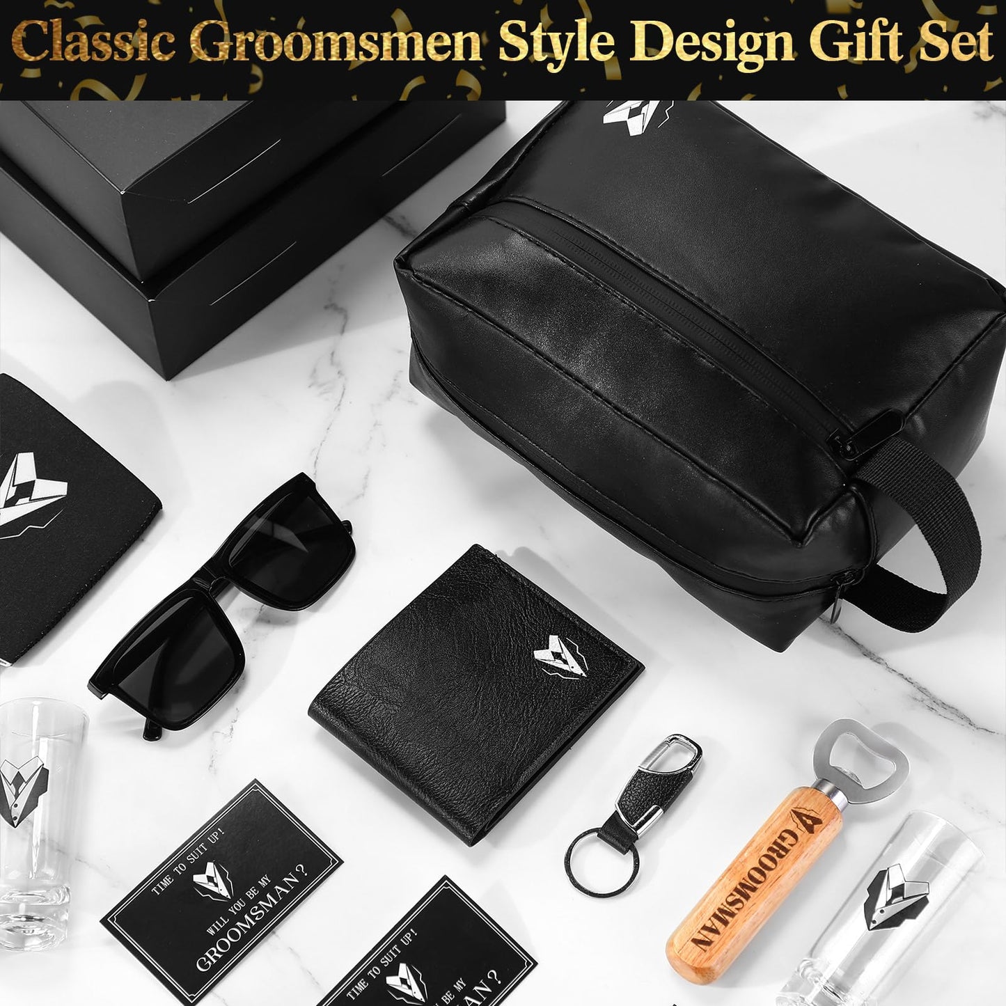 Roshtia 60 Pcs Groomsmen Proposal Gifts Set, Including 6 Toiletry Bags 6 Sunglasses 6 Cups 6 Can Sleeves 6 Beer Openers 6 Wallets 6 Keychains 6 Postcards 6 Gift Boxes 6 Gift Bags for Wedding Party