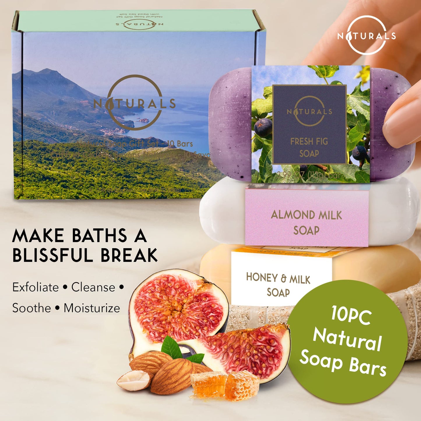 O NATURALS 100% Natural Bar Soap - Gift Set - Organic Ingredients & Essential Oils - Spa Gifts for Women & Men, Body Wash & Face Soap - 10PC Variety Soaps Collection - Mothers Day Gifts