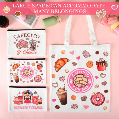 6 Pcs Funny Cafecito Y Chisme Gifts Mexican Concha Coffee Tote Bags and Makeup Bags Set Mexican Latina Coffee Theme Gift for Mother's Day Women