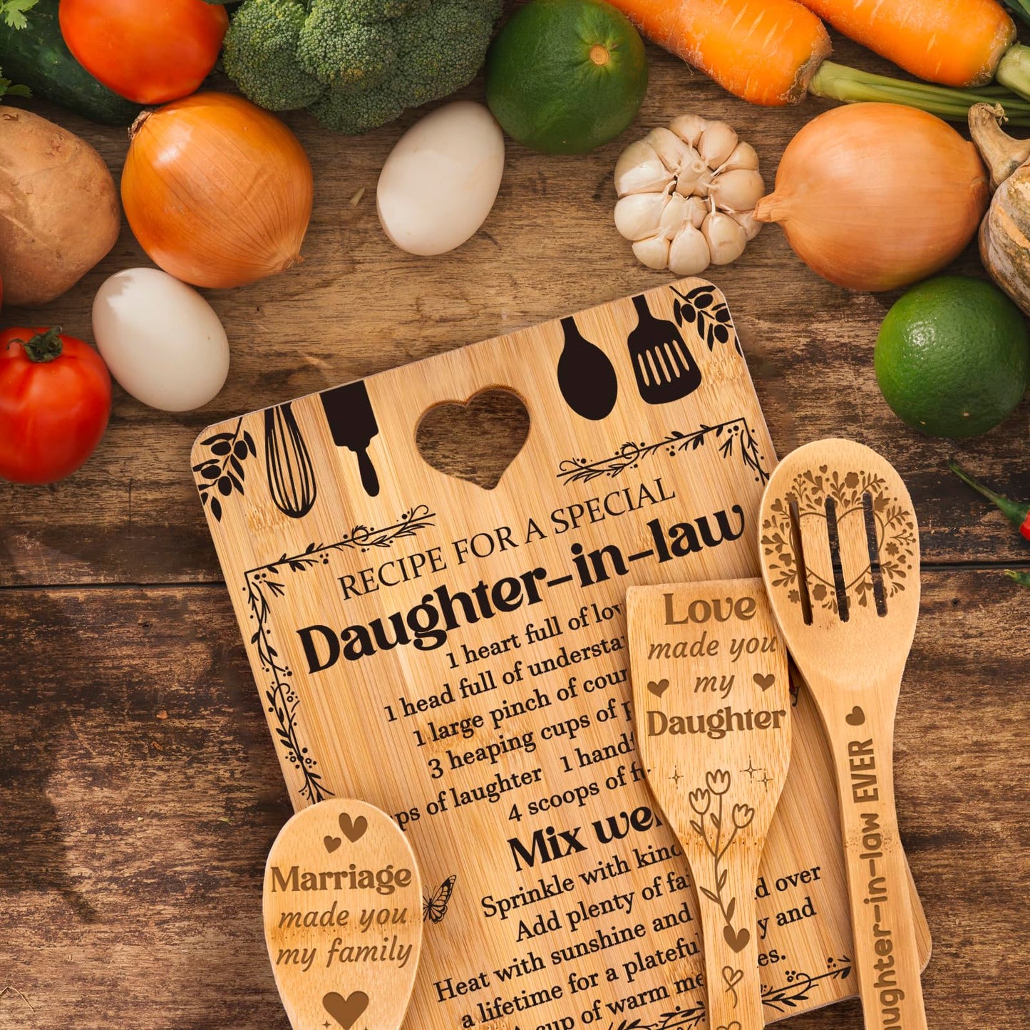 Gifts for Daughter in Law - "Recipe for a Special Daughter-in-Law" Daughter in Law Birthday Gifts Cutting Board Set, Bamboo-Made Engraved Utensil Set Mothers Day Gifts for Daughter in Law