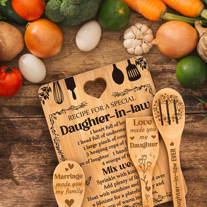 Gifts for Daughter in Law - "Recipe for a Special Daughter-in-Law" Daughter in Law Birthday Gifts Cutting Board Set, Bamboo-Made Engraved Utensil Set Mothers Day Gifts for Daughter in Law