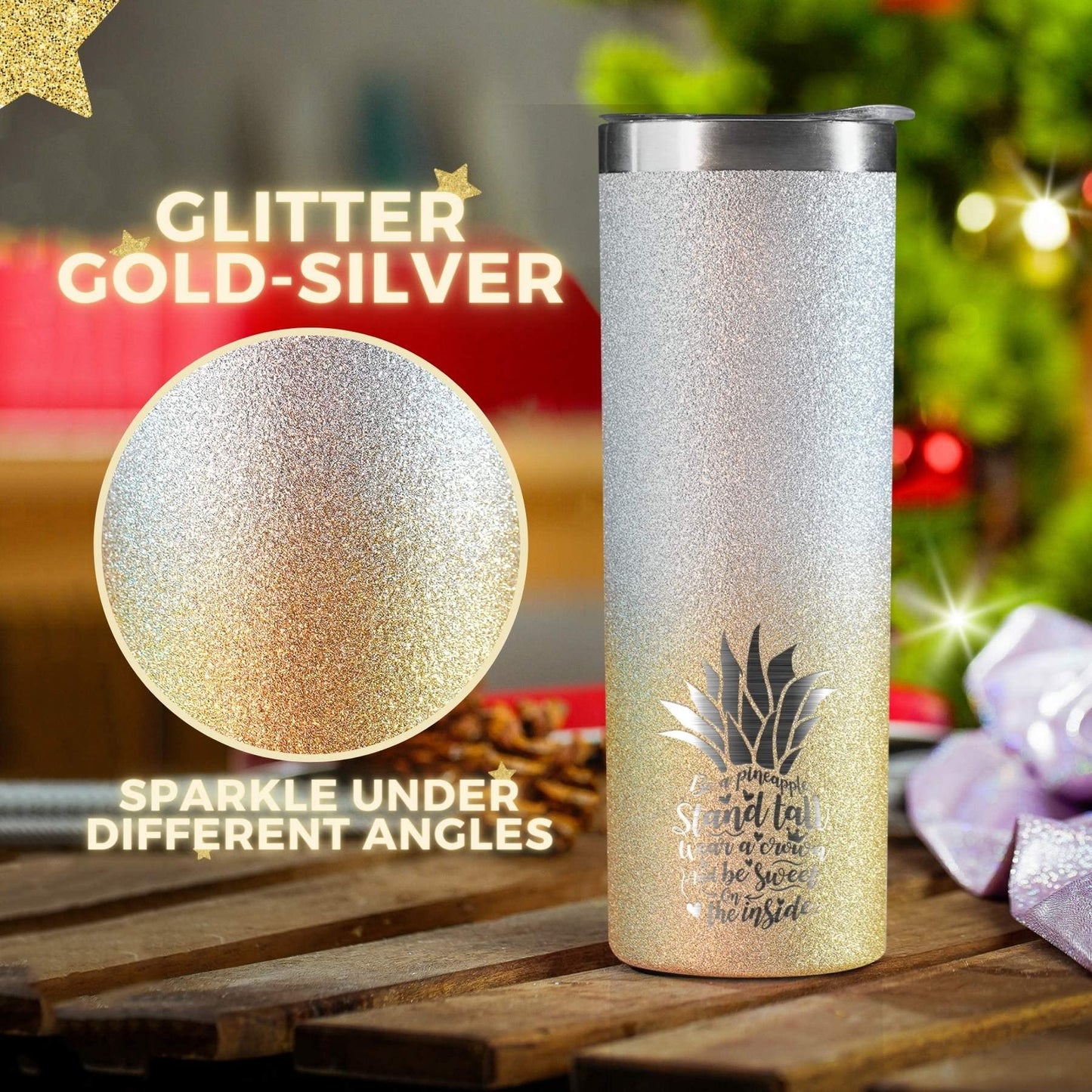 Onebttl Pineapple Glitter Tumbler - Stand Tall, Wear a Crown, Always Be Sweet - 20oz/590ml Stainless Steel Insulated Tumbler - Pineapple Gifts for Women and Lovers - Gold-Silver Gradient