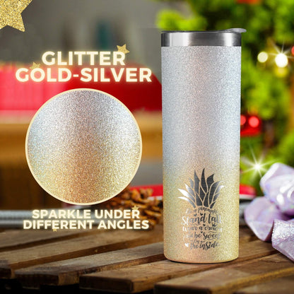 Onebttl Pineapple Glitter Tumbler - Stand Tall, Wear a Crown, Always Be Sweet - 20oz/590ml Stainless Steel Insulated Tumbler - Pineapple Gifts for Women and Lovers - Gold-Silver Gradient